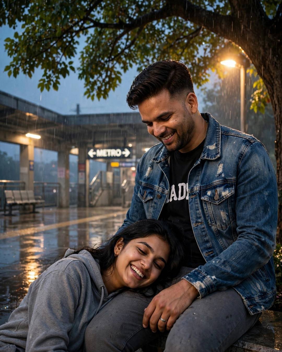 Couple laughing softly under a tree at a rainy metro station at dawn, her head resting in his lap