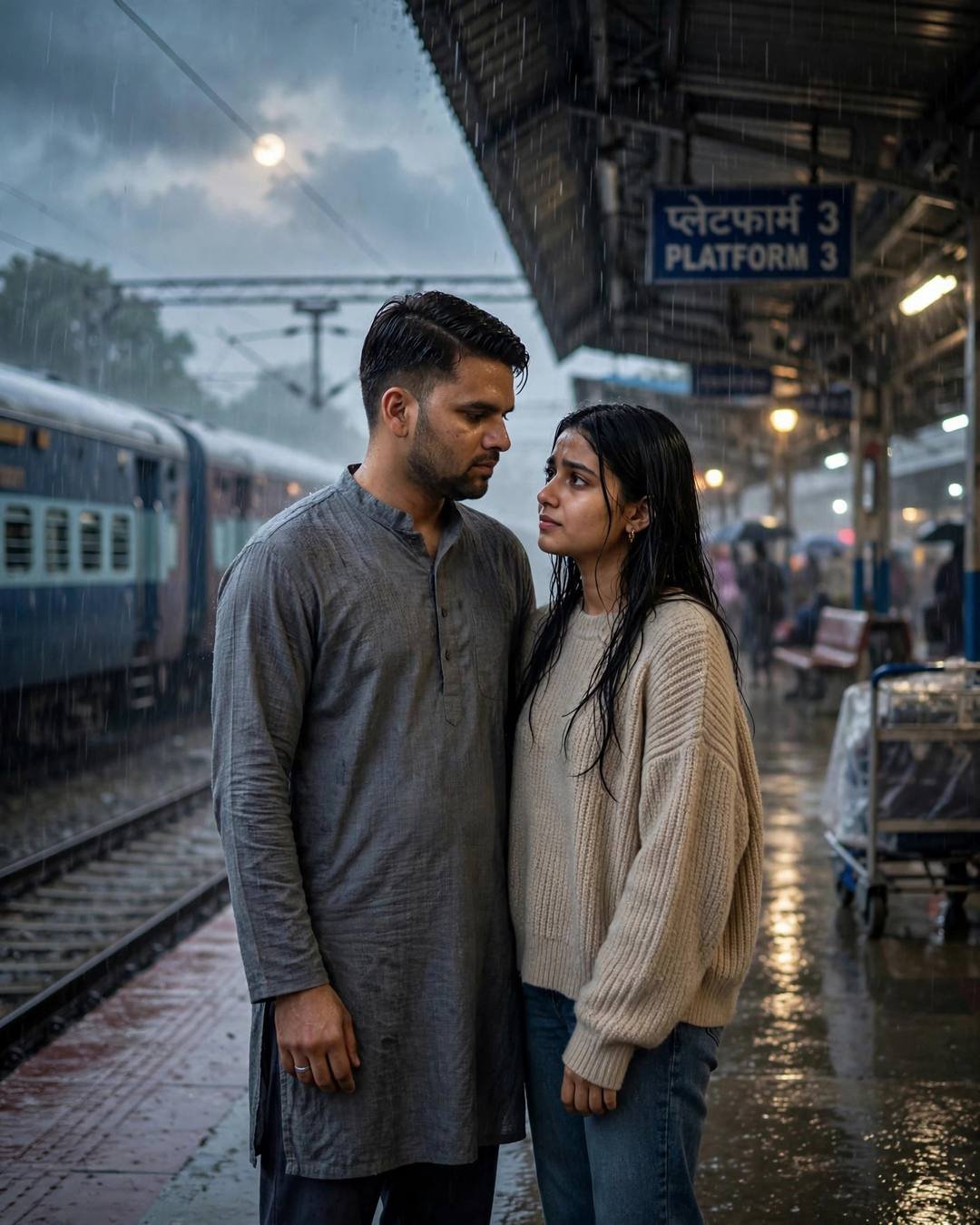 Couple in an emotional farewell hug on a rainy railway platform at dawn, a train waiting behind them