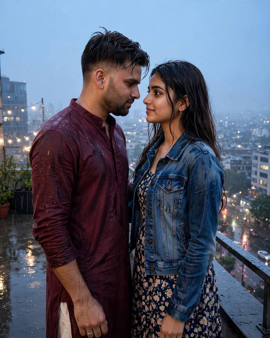 Couple standing face to face with foreheads almost touching on a rain-wet rooftop above city lights