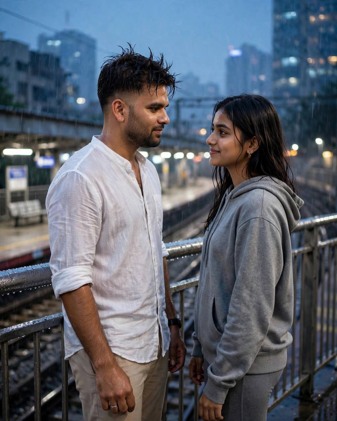 Couple looking at each other on a rain-wet footbridge above a railway platform at blue hour