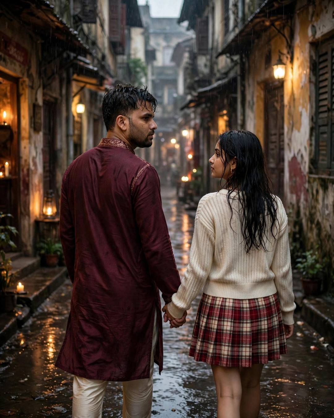 Couple walking hand in hand through a rain-wet old-city lane with peeling walls and warm candlelight