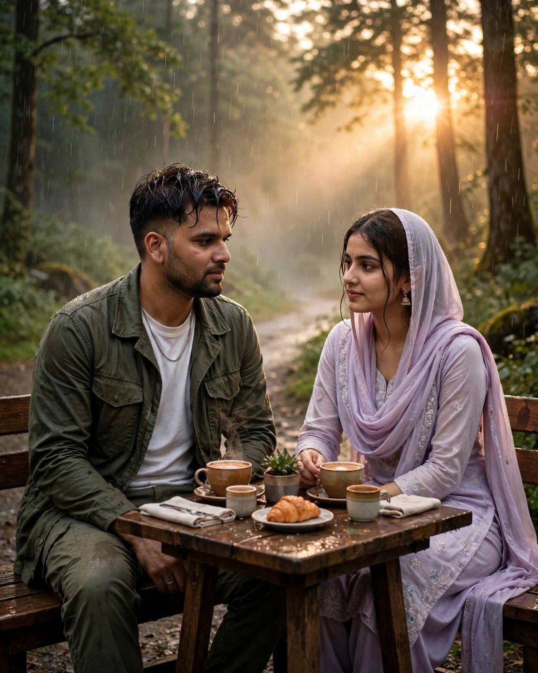 Couple seated across a small table with chai in a misty forest at golden hour, hands almost touching
