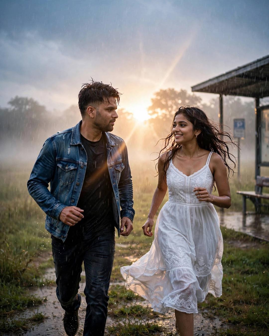 Couple running toward each other across a sunlit rain-soaked field, golden backlight with lens flare