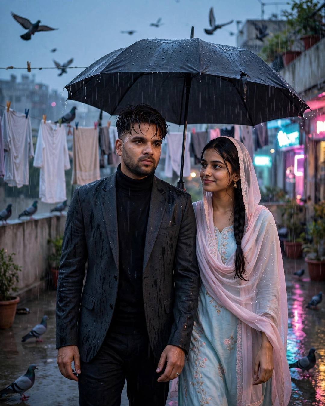 Couple sharing an umbrella on a rain-washed terrace with drying clothes lines and pigeons at blue hour