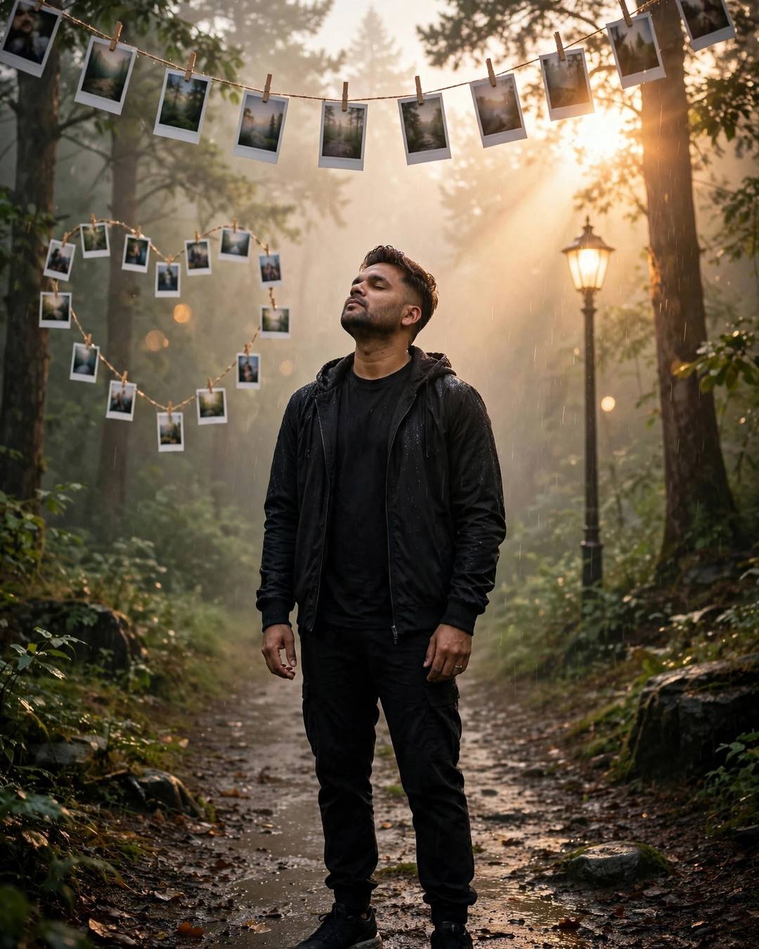 Young Indian man in black streetwear standing under a streetlamp in the rain on a misty forest path at dawn, face lifted to the sky, polaroids hanging above