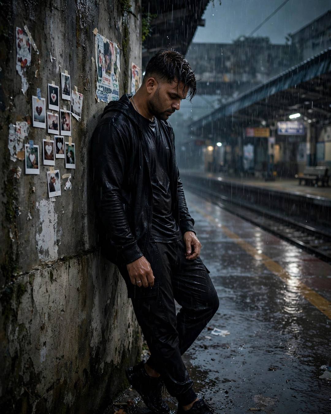 Young Indian man in wet black streetwear leaning against a weathered wall on an empty railway platform at night in heavy monsoon rain