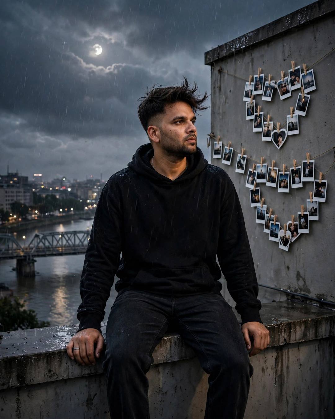 Young Indian man in a black hoodie sitting on a rooftop ledge by a river in the drizzle at moonlight, polaroids arranged in hearts on the wall