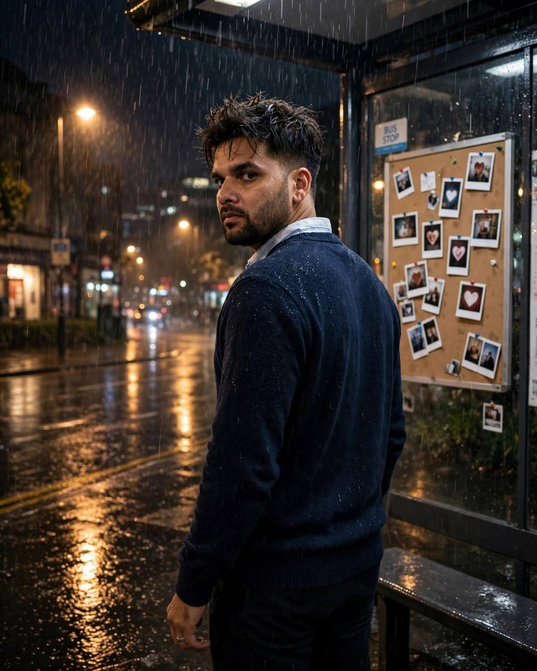 Young Indian man in a navy sweater at a rainy bus stop at night, back to camera, looking over one shoulder, warm sodium streetlamp glow