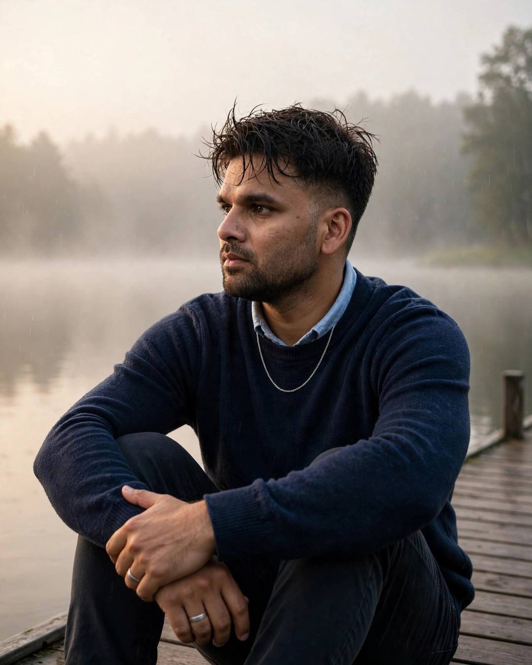 A young Indian man in a navy sweater sits on a quiet lake pier at dawn, knees drawn up, gazing into the pale fog — a wistful portrait of missing someone.