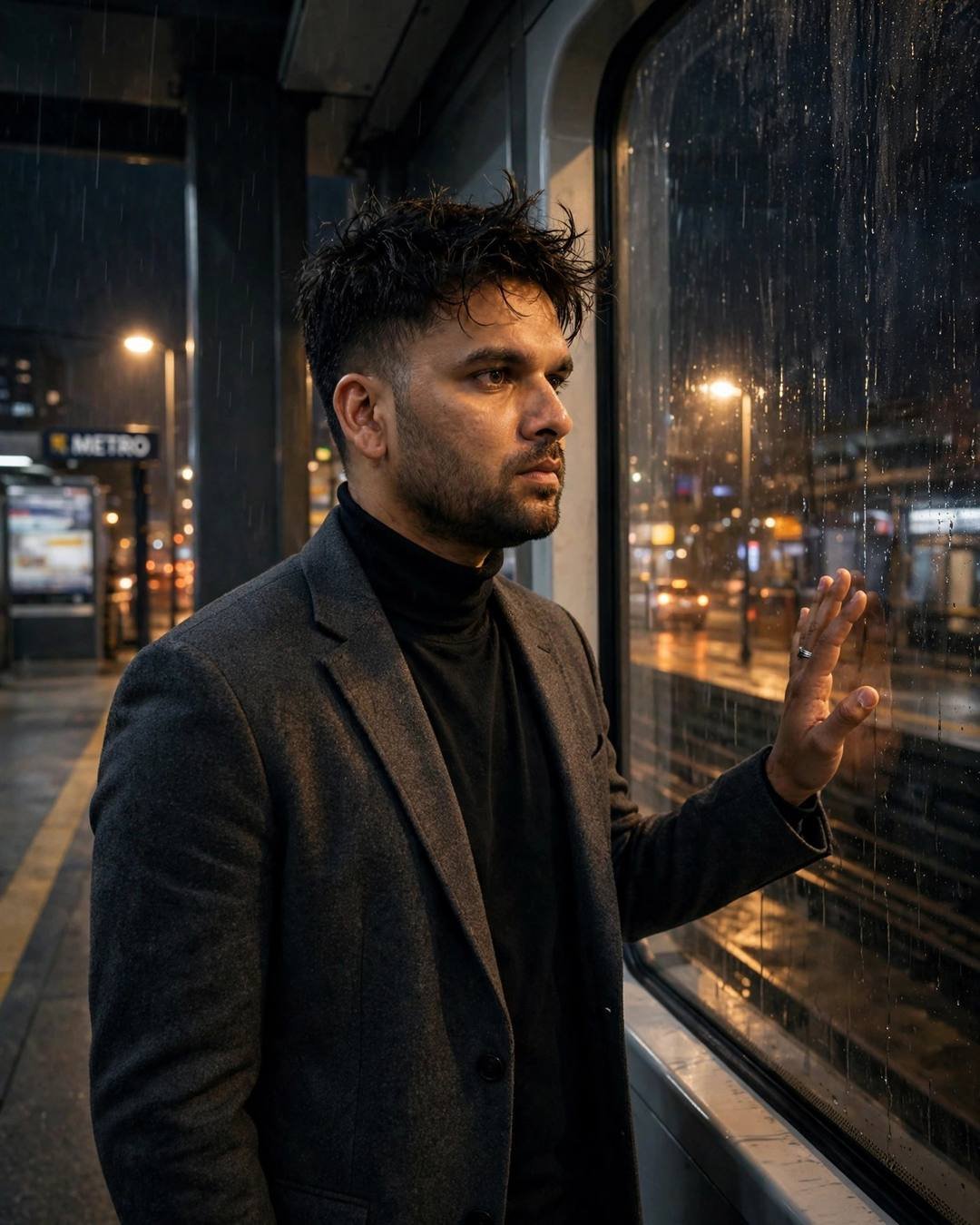 A young Indian man in a charcoal blazer stands at a rain-streaked metro station window at night, one hand on the glass, sodium lamps glowing through the rain.