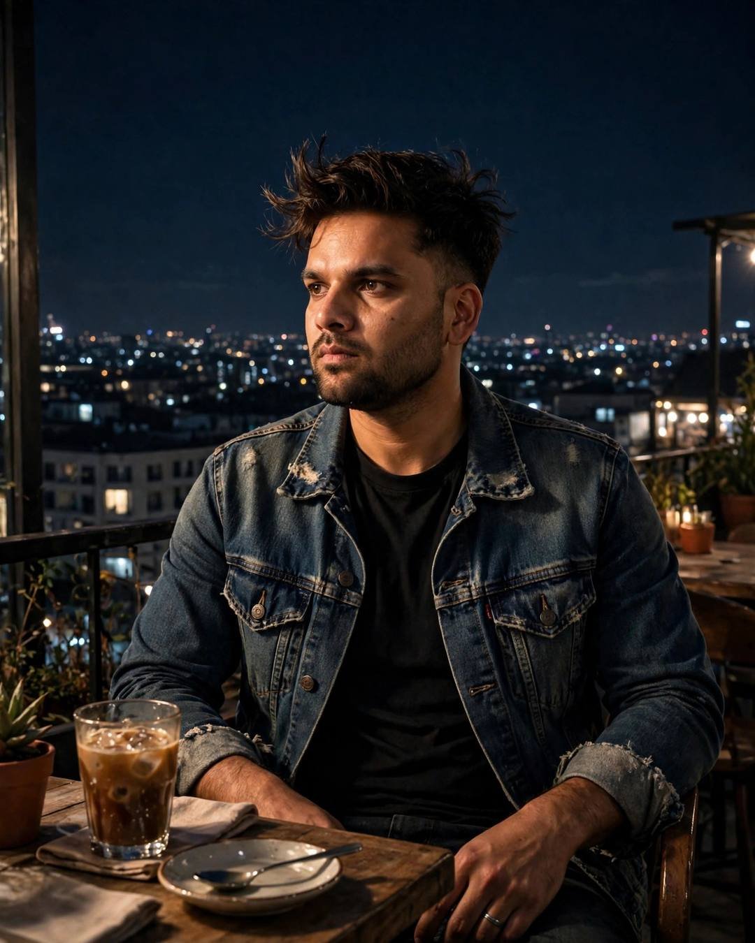 A young Indian man in a denim jacket sits at a rooftop cafe table at night, a cold coffee before him, gazing into the dark over the sleeping city lights.