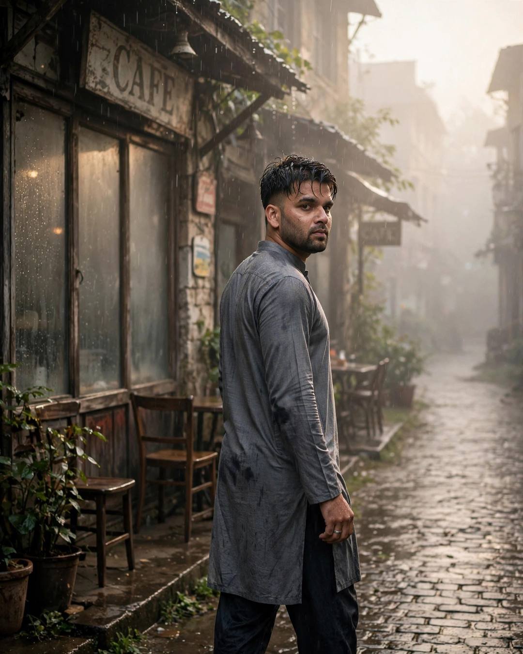 A young Indian man in a grey kurta walks down a foggy old cafe lane in the drizzle, looking back over his shoulder, pale golden light in the mist.