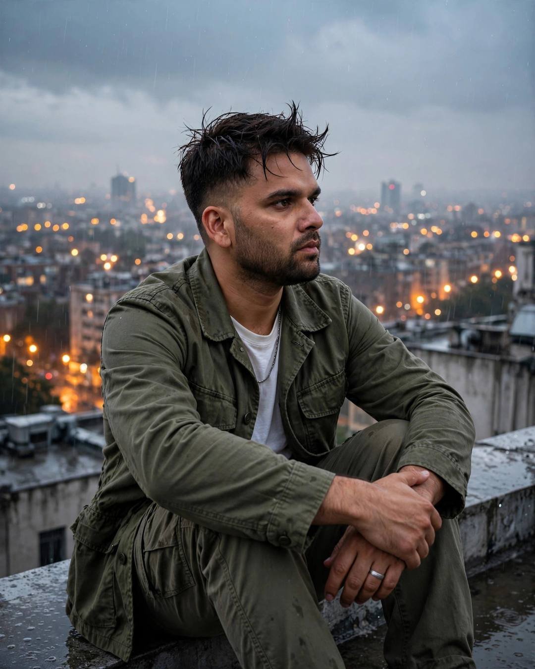 A young Indian man in an olive field jacket sits on a rooftop overlooking the sleeping city lights in the rain, knees drawn up, gazing at the glowing streets.