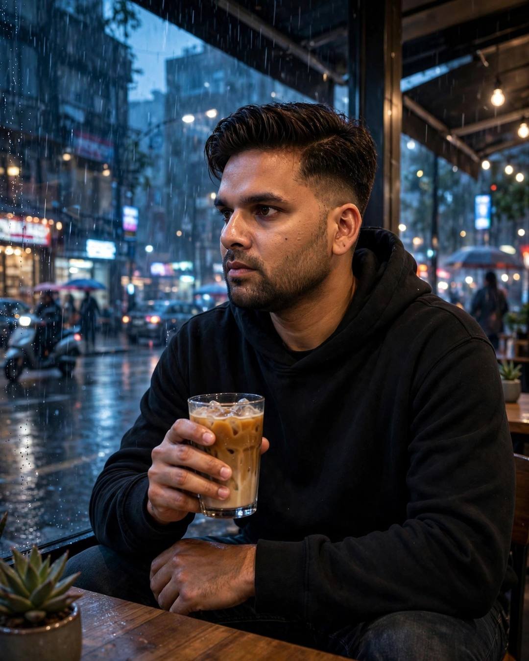 Young Indian man in black hoodie cradling an iced coffee at a midnight cafe table, lost in thought with rain blurring the blue city street outside the window