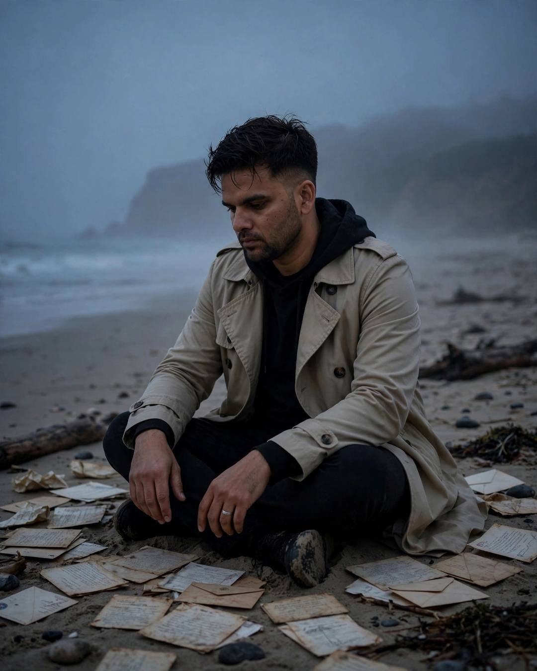 Young Indian man in beige trench coat sitting cross-legged on a foggy beach at dusk, old letters scattered on the wet sand around him