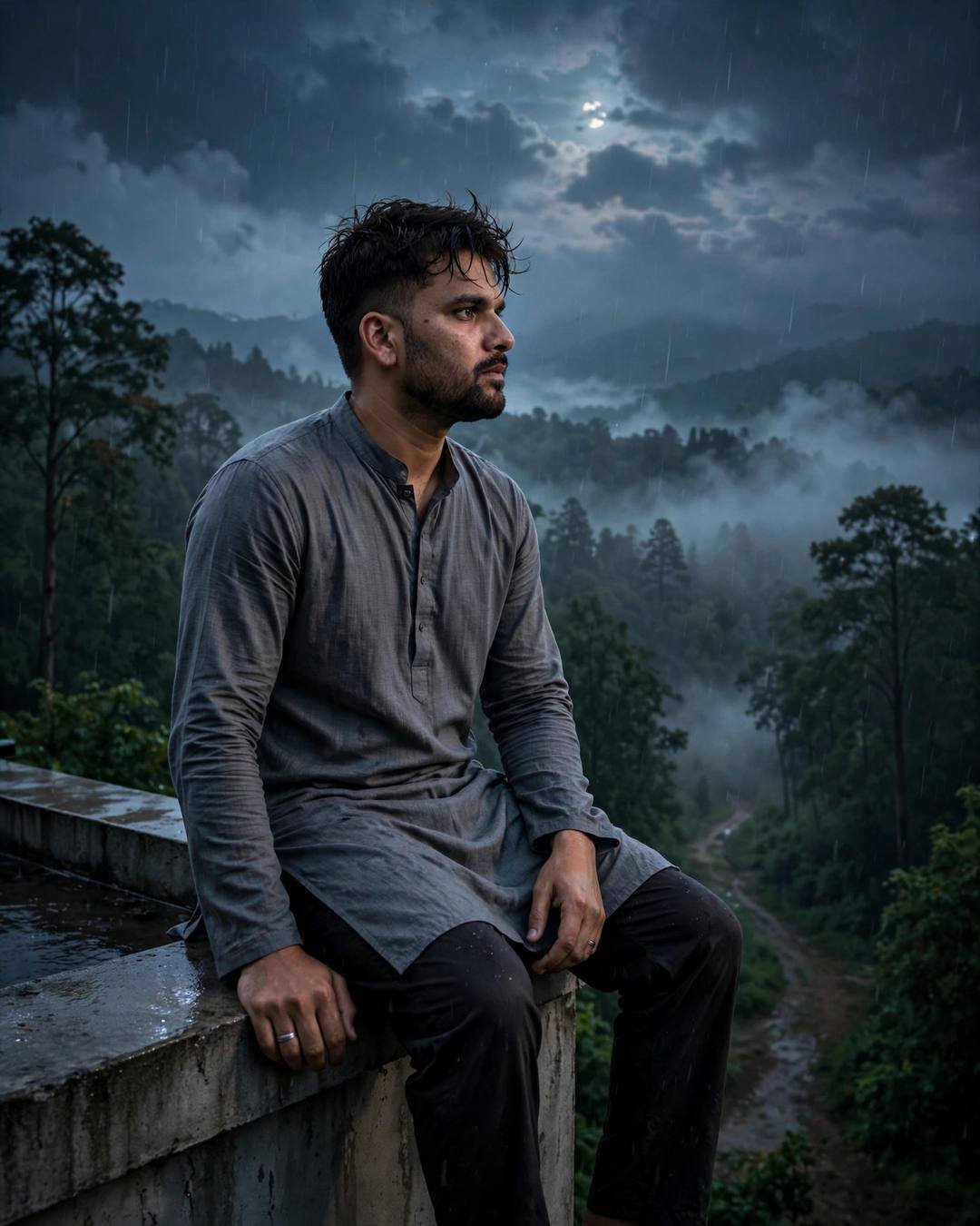 Young Indian man in a grey kurta sitting on a rain-soaked rooftop ledge at night, gazing into the misty moonlit distance with drizzle falling
