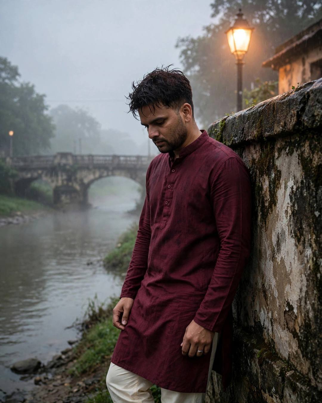 Young Indian man in maroon kurta with cream churidar leaning against a weathered mossy wall beside a misty river at dawn, old stone bridge and glowing streetlamp behind him