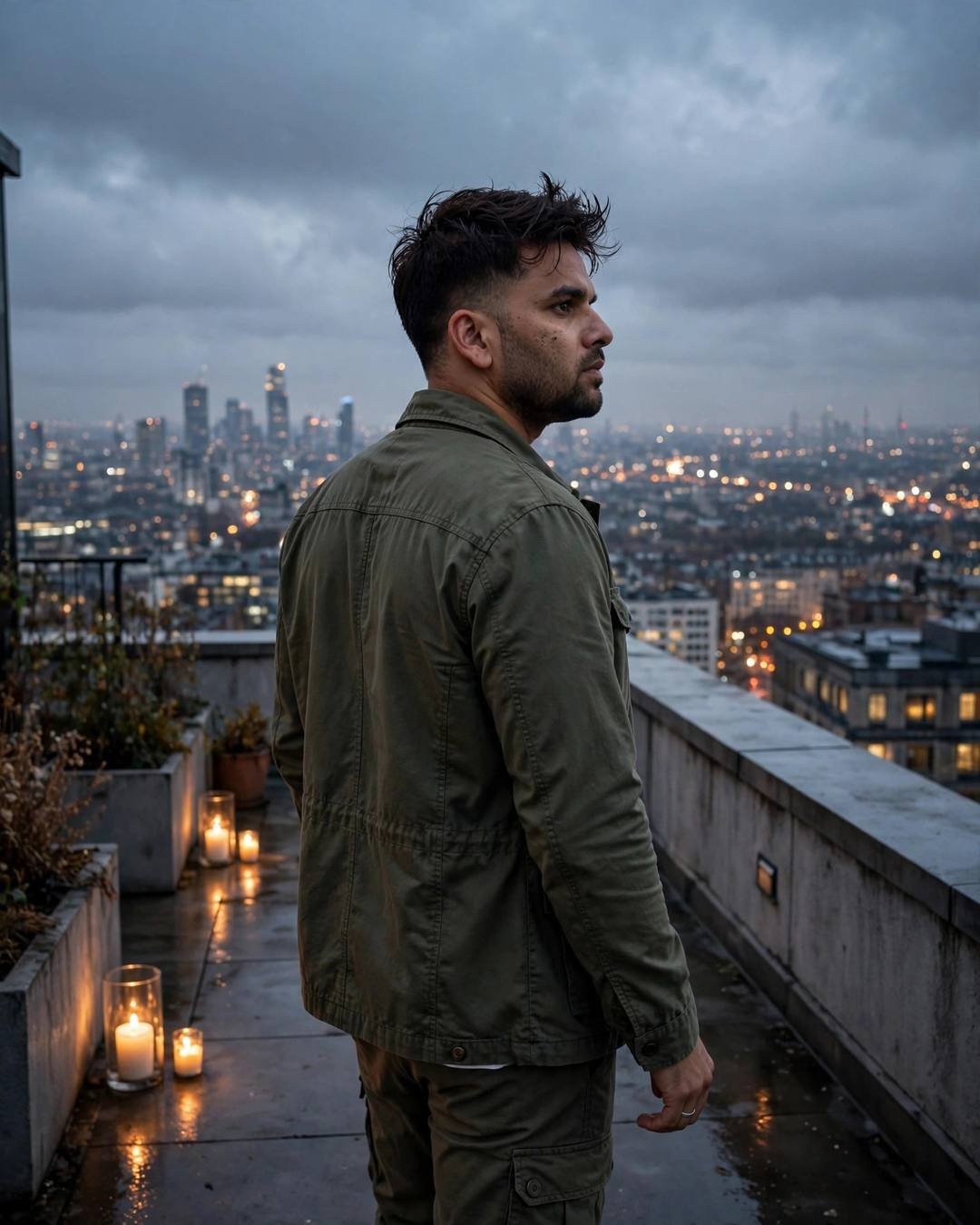 Young Indian man in olive field jacket and cargo pants walking on a rooftop terrace at dusk, candles glowing on the wet tiles, sleeping city lights spread below
