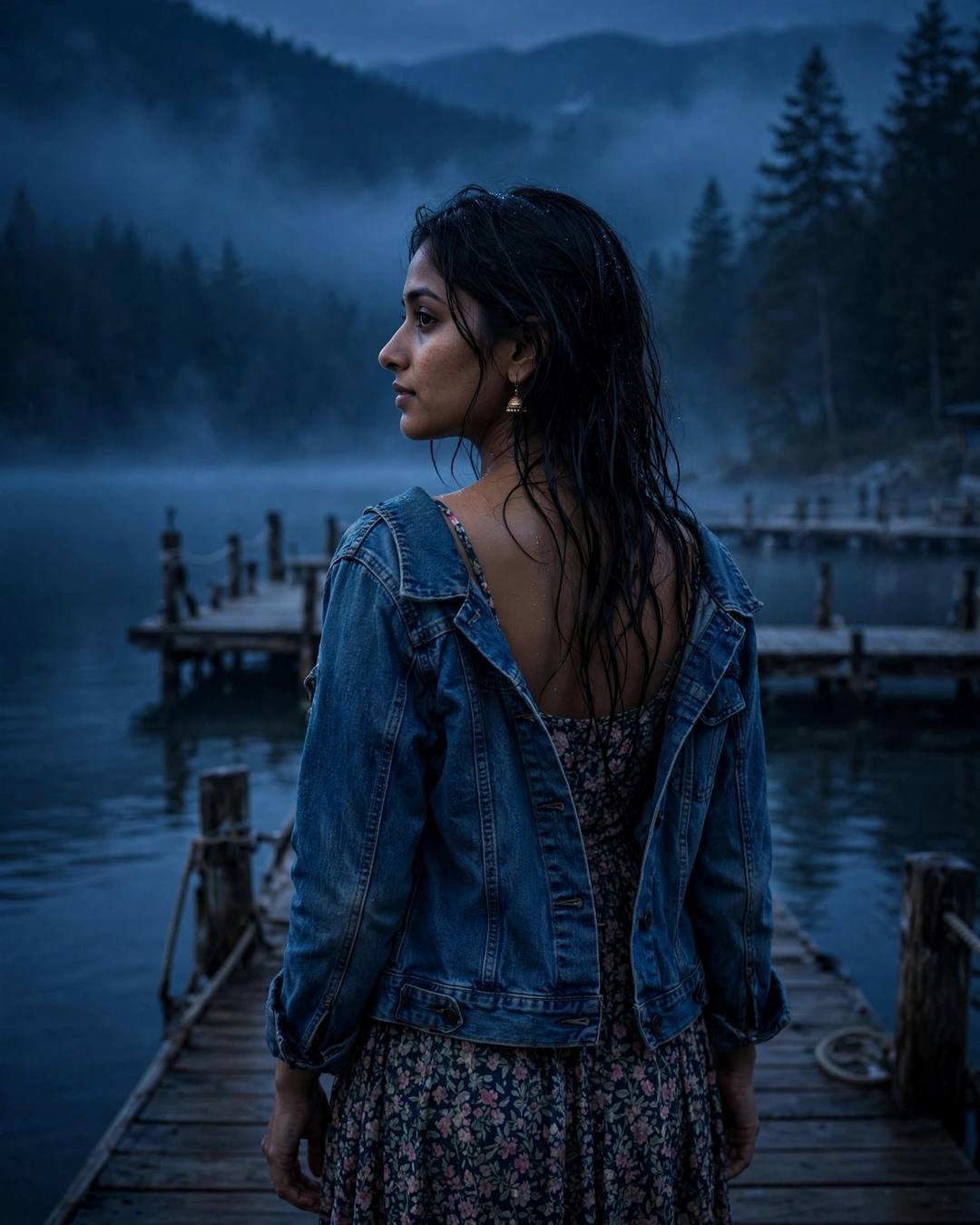 Young Indian woman in denim jacket over floral dress on a quiet lake pier at dawn, wet hair clinging softly, looking back over her shoulder in blue-hour light