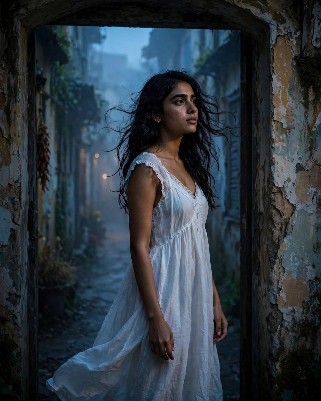 Young Indian woman in flowing white summer dress standing half in shadow in an old doorway, hair moving in the breeze, foggy old-city lane with peeling walls behind