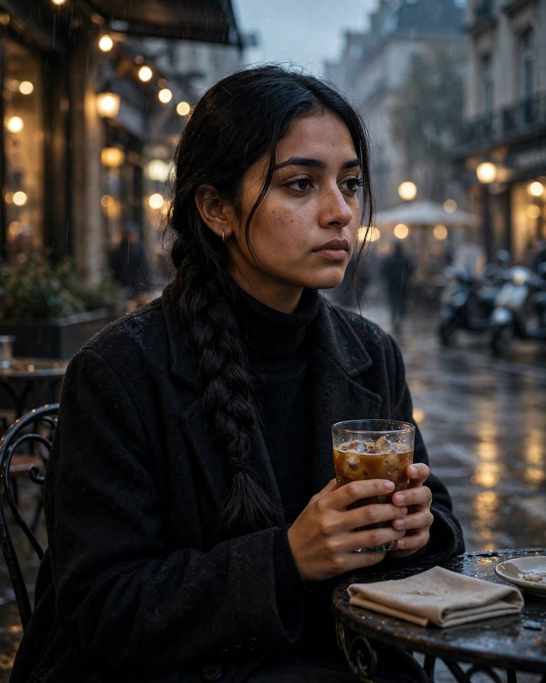 Young Indian woman in black turtleneck and long coat with a braid over her shoulder, sitting at a cafe table cradling a cold coffee, lost in thought as rain streaks the window
