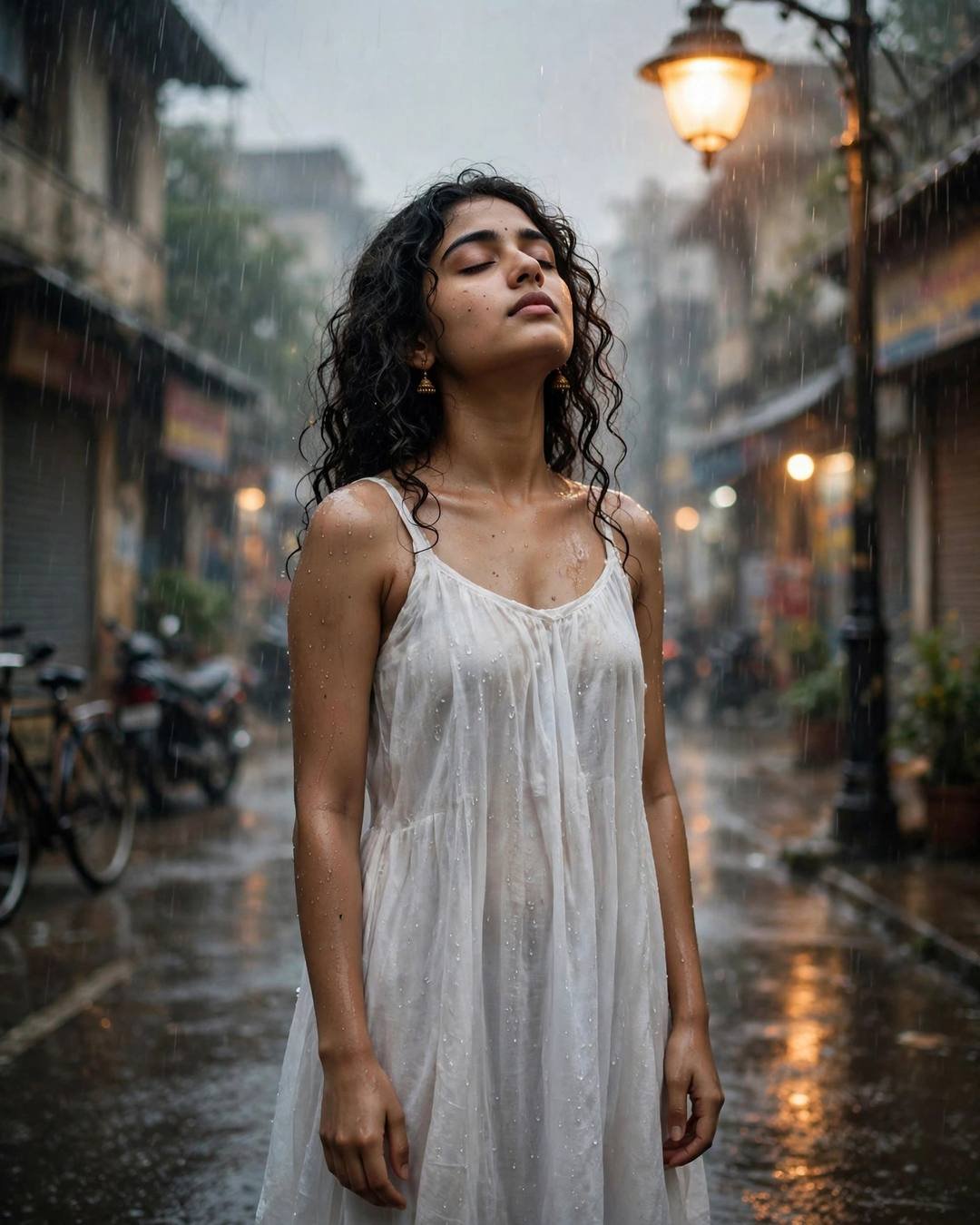 Young Indian woman in white summer dress standing under a glowing streetlamp in the rain, face lifted to the sky with eyes closed, wet city street around her
