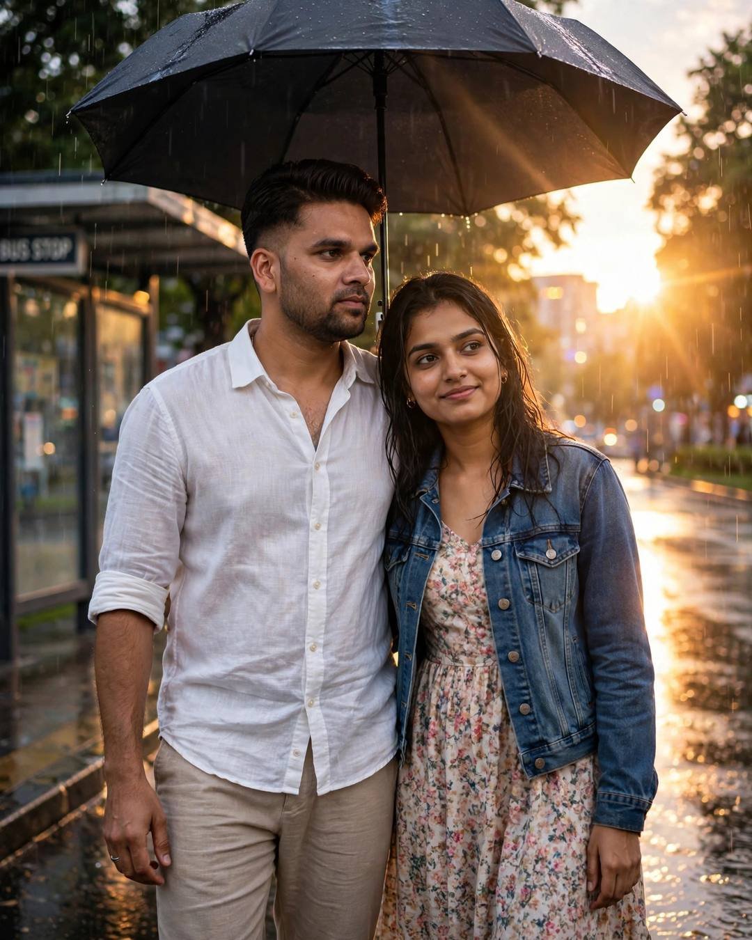 Couple sharing one umbrella at a bus stop in golden drizzle