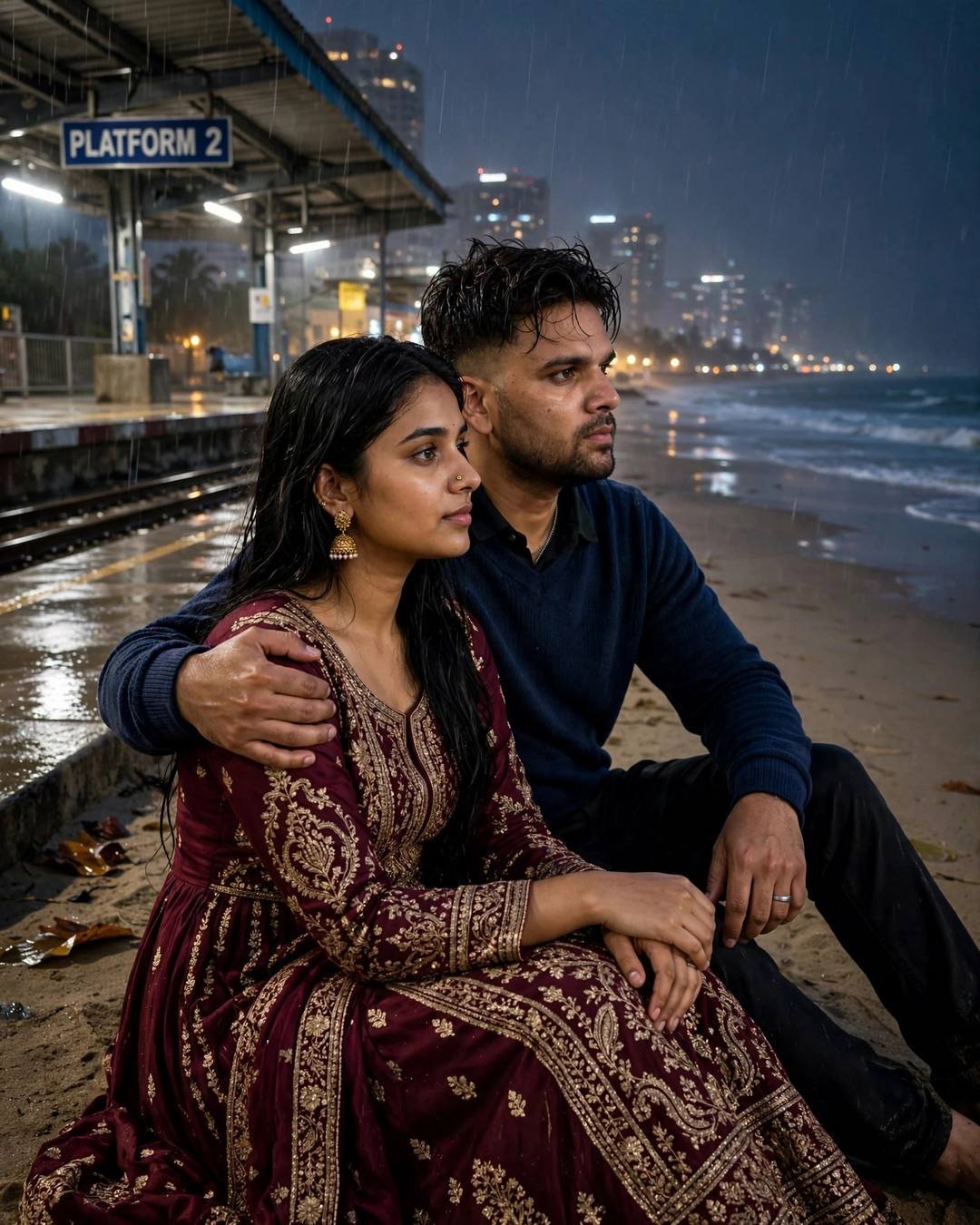 Couple sitting close beside an empty railway platform at night in rain, his arm around her
