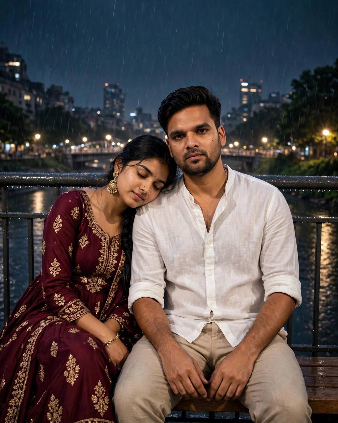 Couple on a bridge bench at midnight, her head resting on his shoulder, rain falling