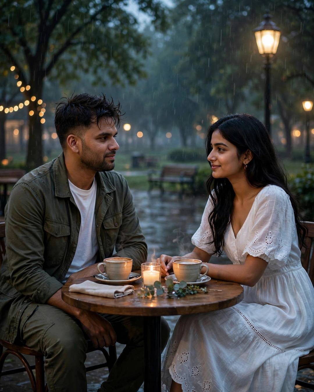 Couple sharing cappuccinos at a small table under a park lamp in rain, candle glowing
