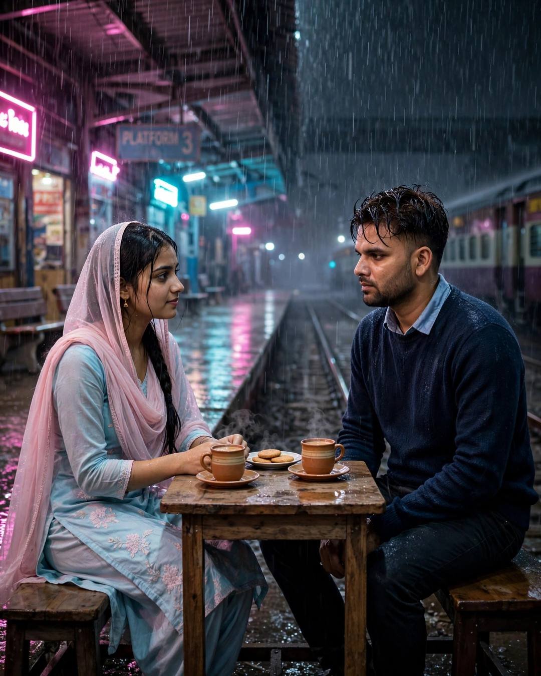 Couple sharing chai on an empty railway platform at midnight in heavy rain, neon pink and cyan reflections, navy sweater and pastel salwar-kameez