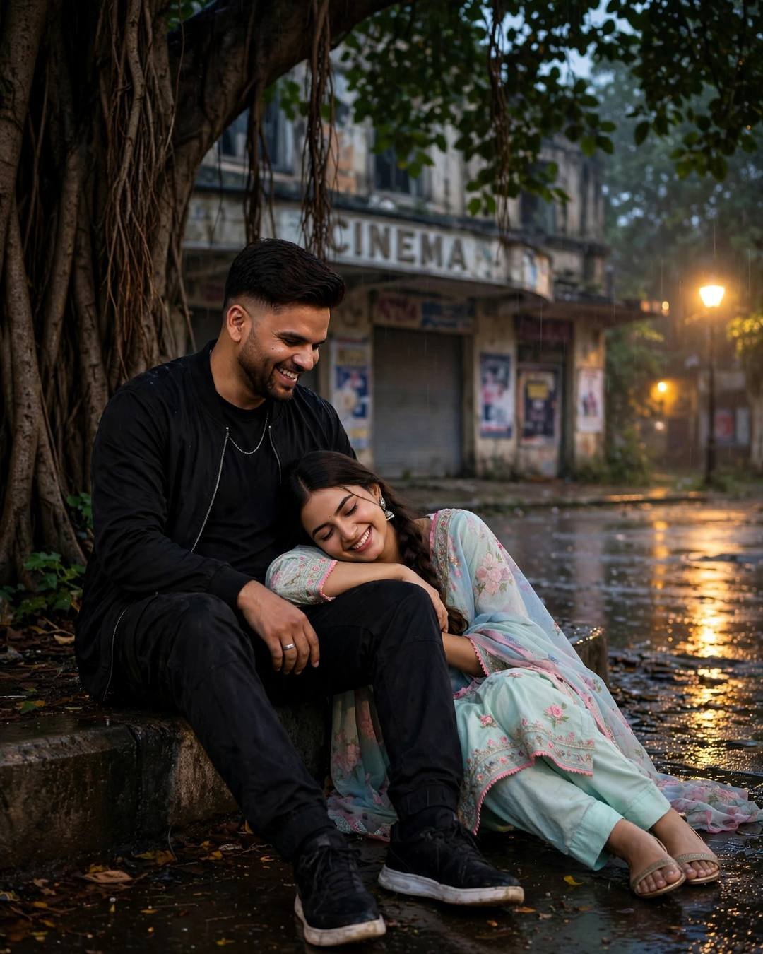 Couple laughing softly under a banyan tree at night, her head in his lap, neon signs painting their faces pink, abandoned cinema behind