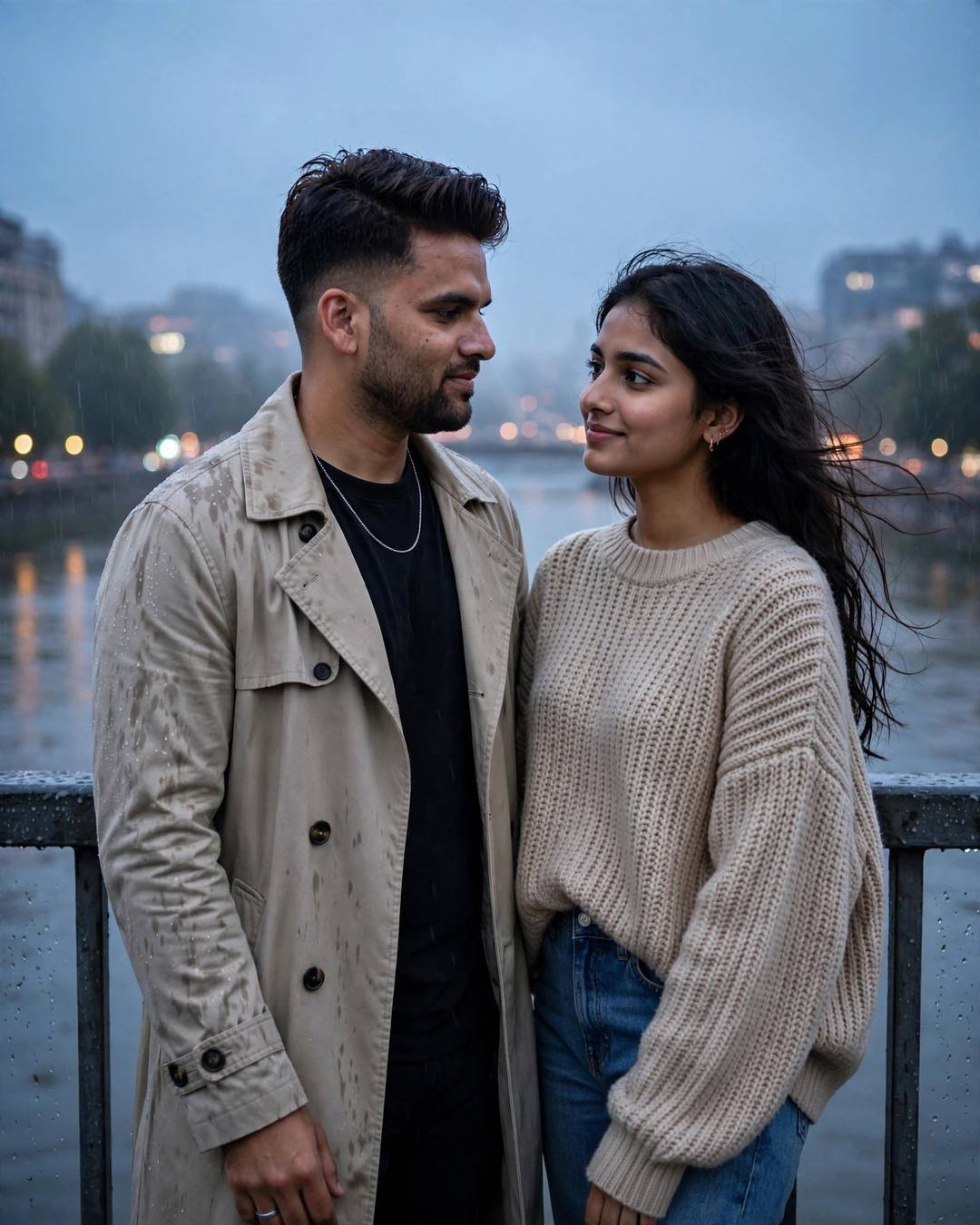 Couple gazing at each other on a bridge over a river at blue hour in light rain, beige trench coat and beige sweater