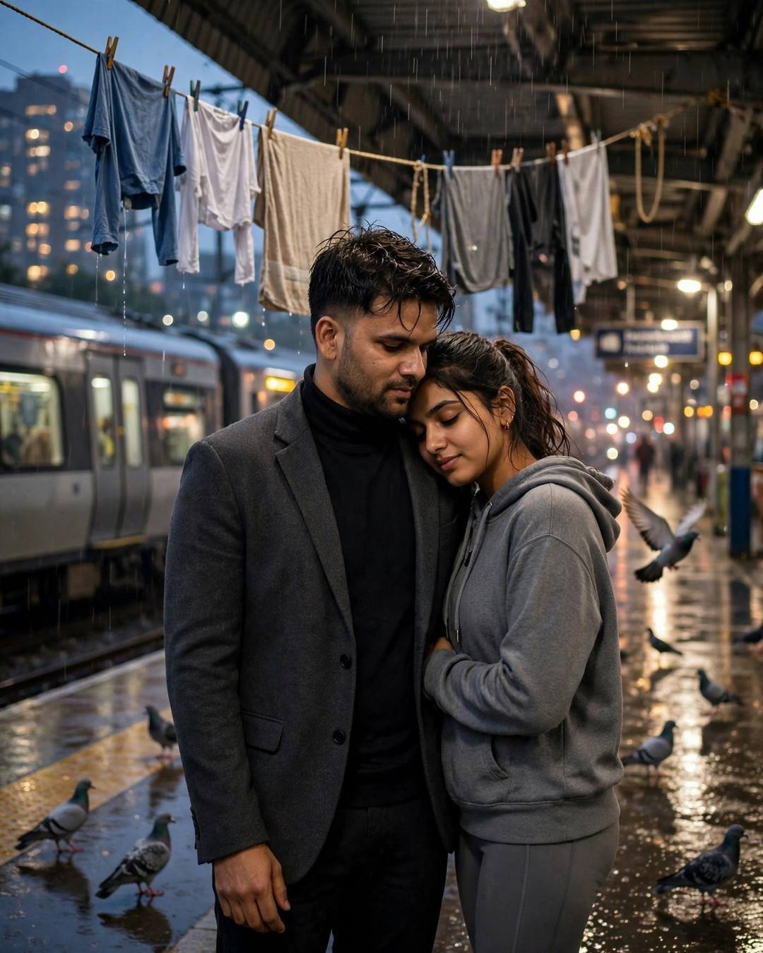 Couple sharing one last hug on a rainy railway platform with drying clothes lines and pigeons, charcoal blazer and grey hoodie