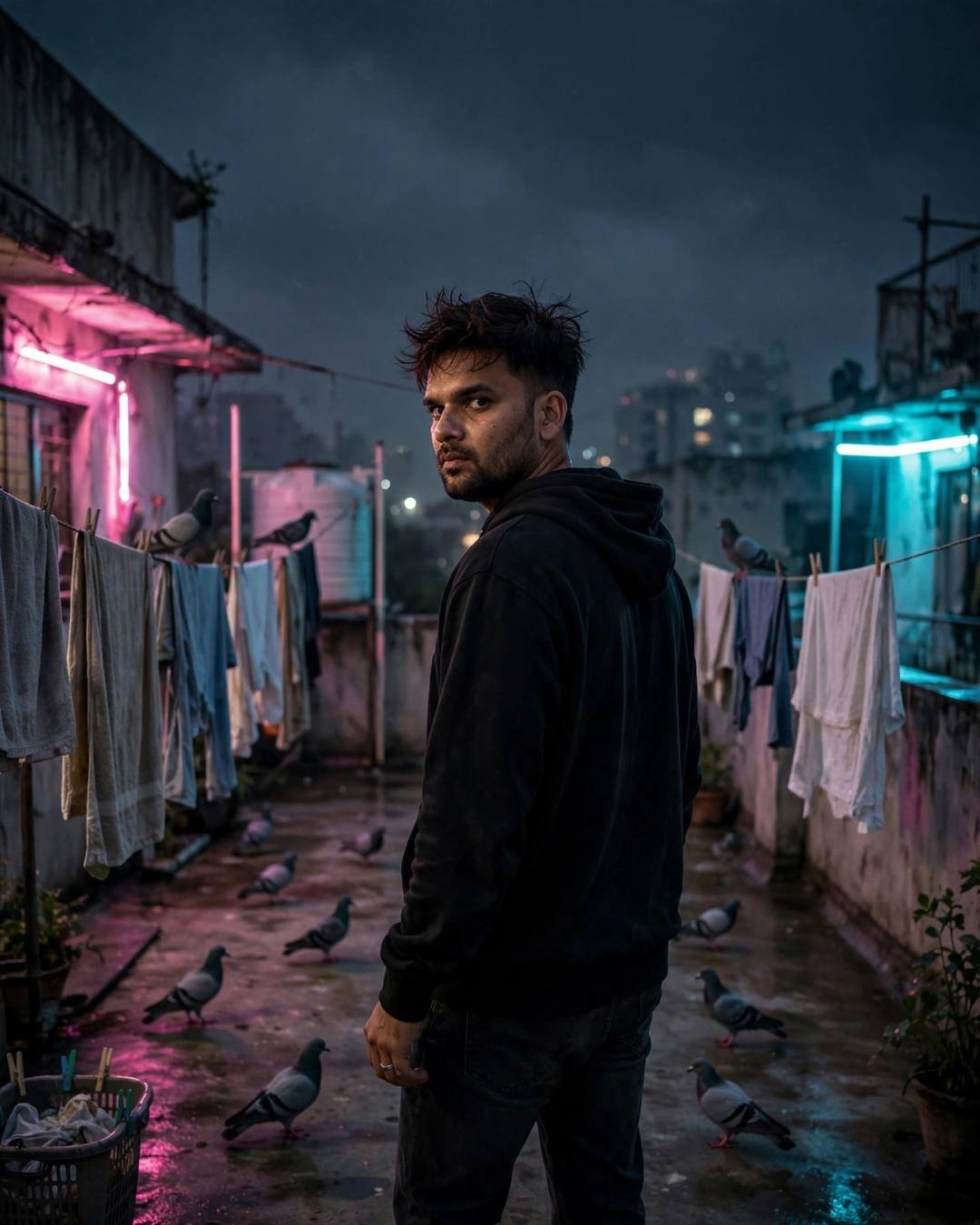 Young Indian man in black hoodie on a neon-lit terrace at midnight with pigeons