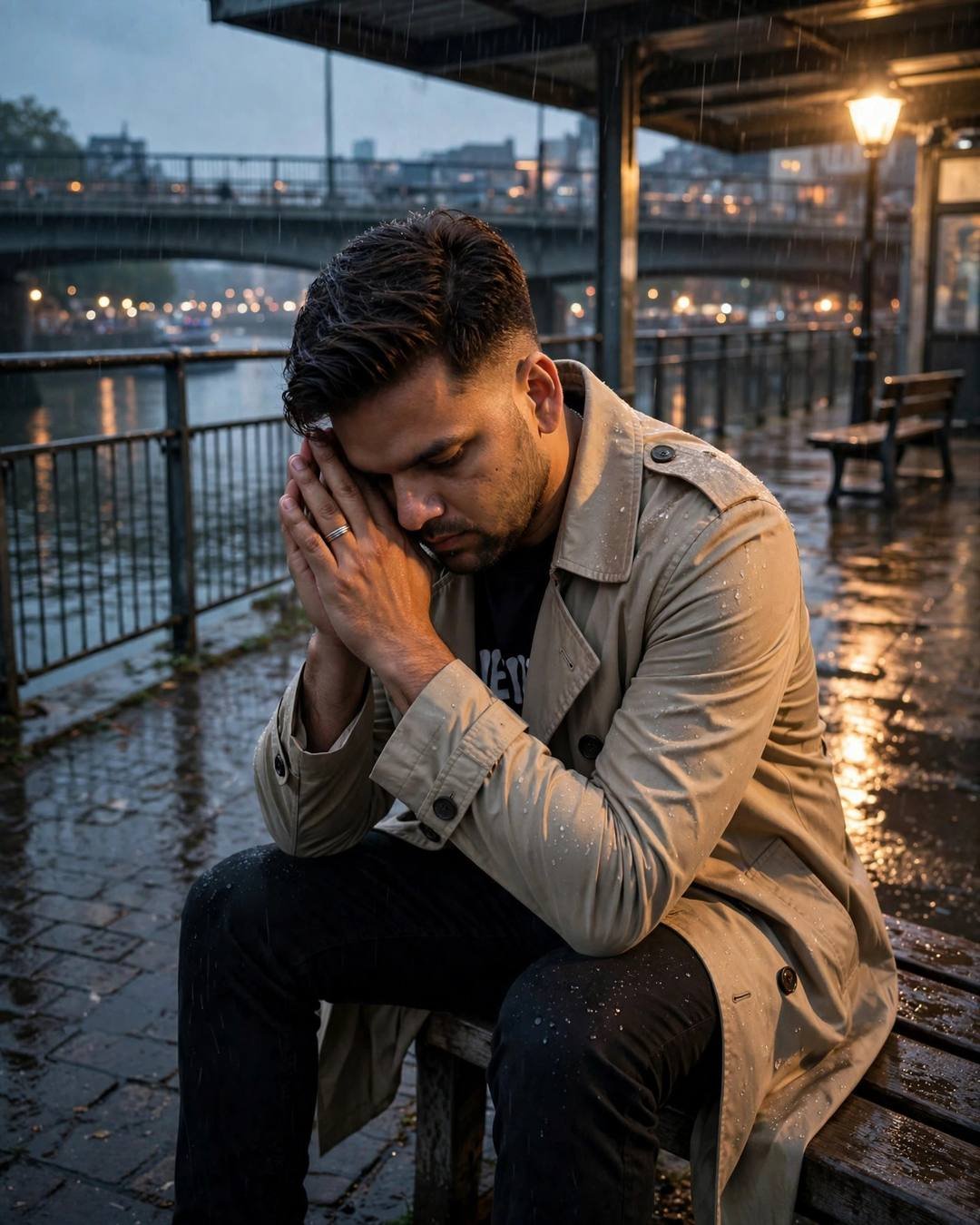 Young Indian man in trench coat on a station bench by a bridge, head in hands