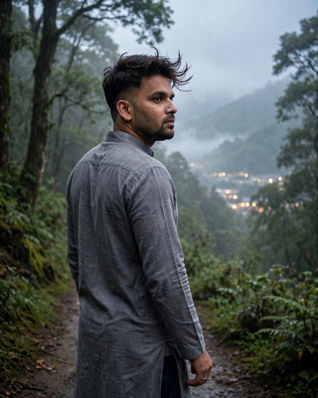 Young Indian man in grey kurta on a misty forest path at dawn