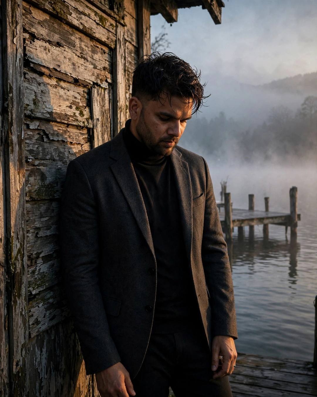 Man in charcoal blazer leaning against a weathered shack wall at a foggy lake pier