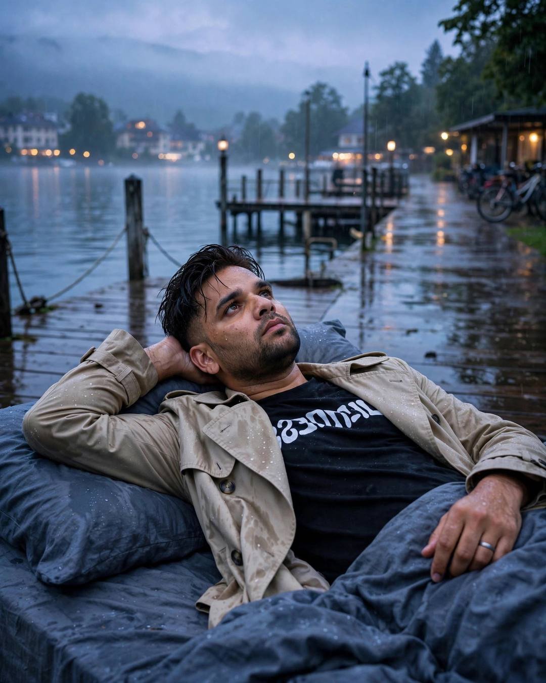 Man in beige trench coat lying on bedding at a rain-wet lake pier, gazing at the sky