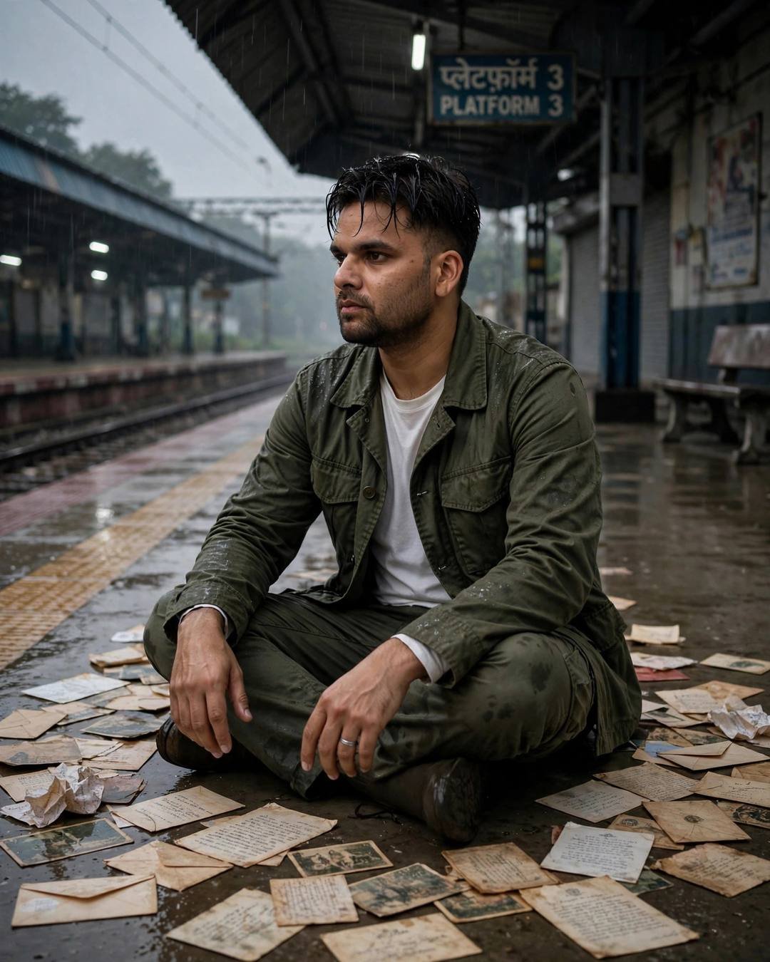 Man in olive field jacket sitting cross-legged among old letters on a rain-wet railway platform