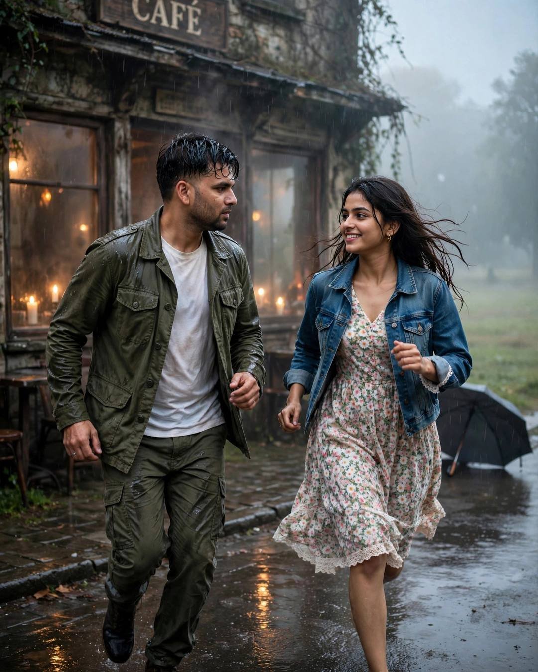Couple spinning and laughing in the rain outside an old candlelit cafe, man in olive field jacket, woman in denim jacket and floral dress
