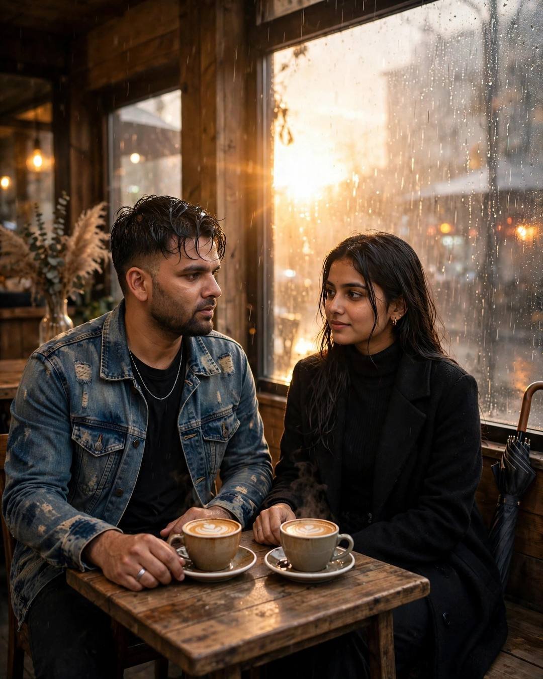 Couple under a shop awning at golden hour sharing coffee at a small cafe table, rain-streaked window glowing