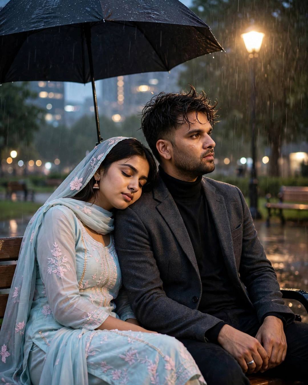 Couple on a park bench in light rain, her head on his shoulder, lone lamp glowing through the drizzle