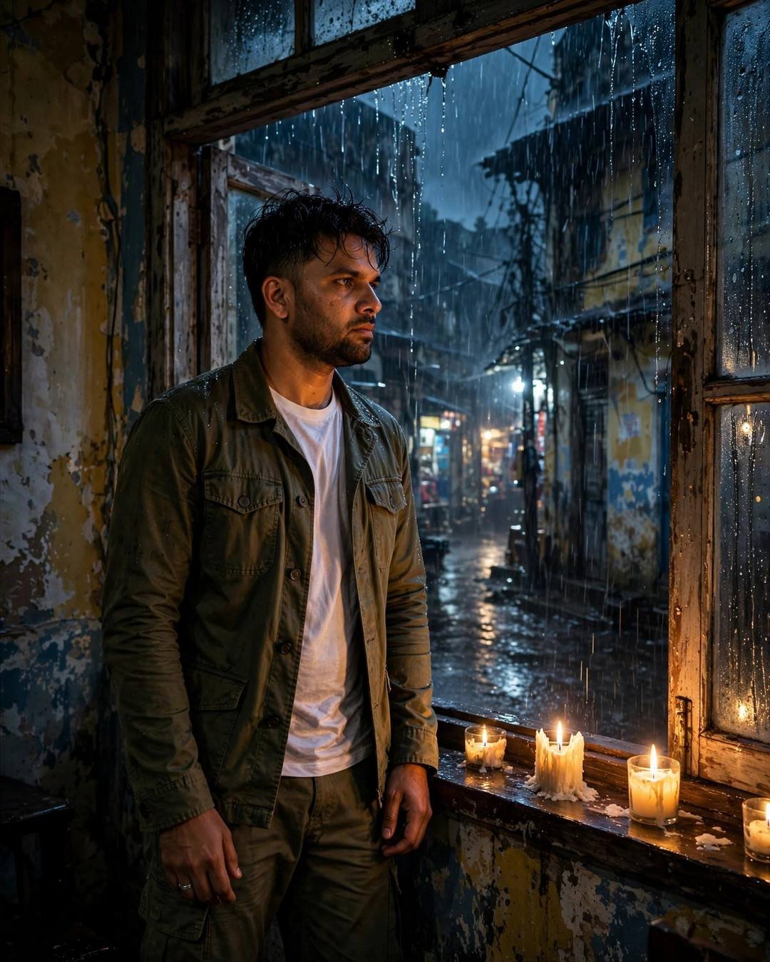 Young Indian man in olive field jacket standing at a rain-streaked window with candles, watching monsoon rain over an old city lane at midnight