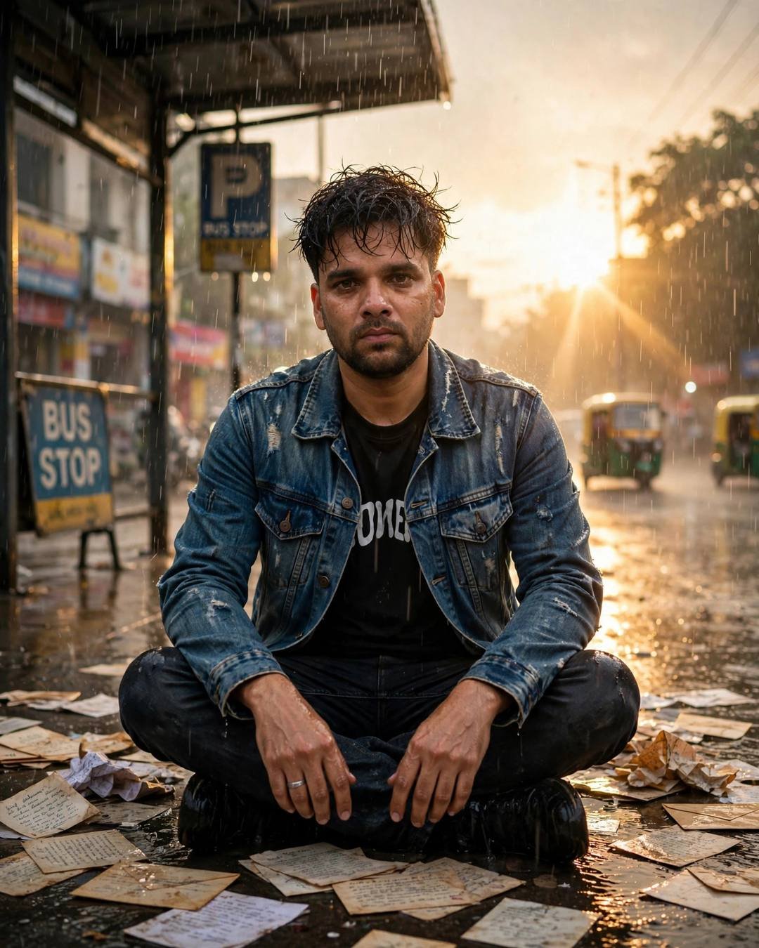 Young Indian man in denim jacket sitting cross-legged at a rainy bus stop at dawn surrounded by old letters, golden backlight