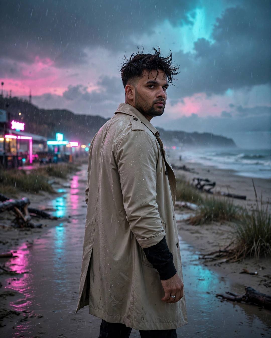 Young Indian man in beige trench coat walking a deserted neon-lit beach at dusk in drizzle, looking back over his shoulder