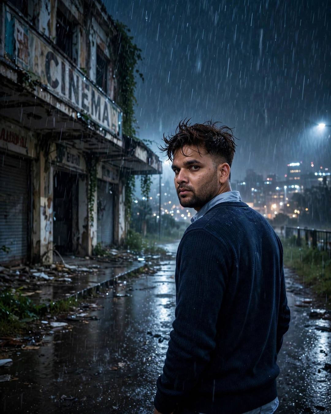 Young Indian man in navy sweater walking past an abandoned cinema hall in heavy midnight rain, glancing back