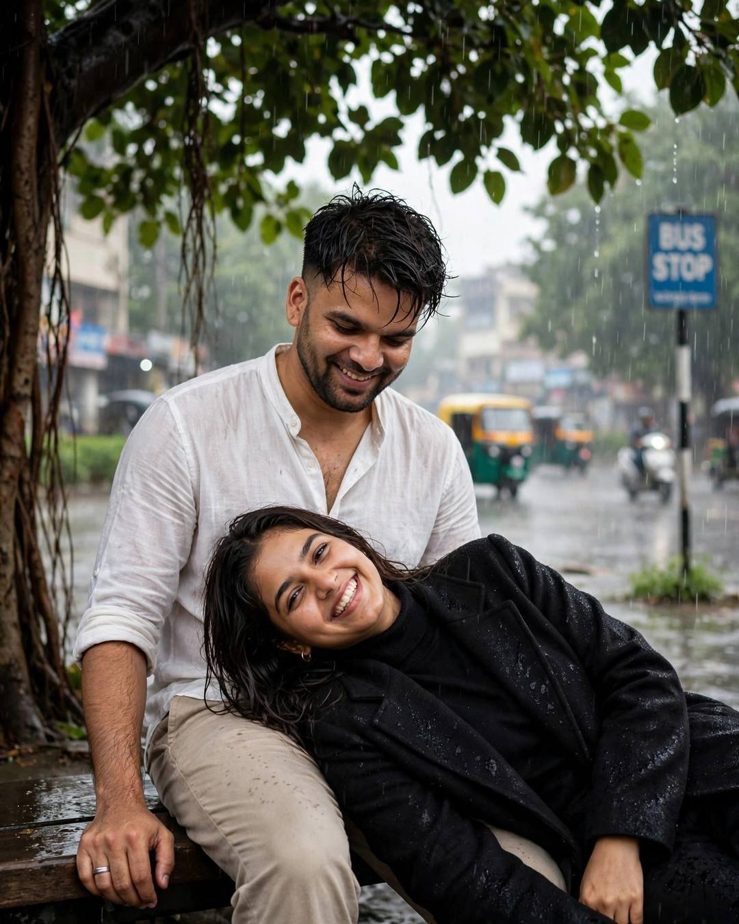 Couple laughing together under a tree at a bus stop in heavy monsoon rain; her head rests in his lap