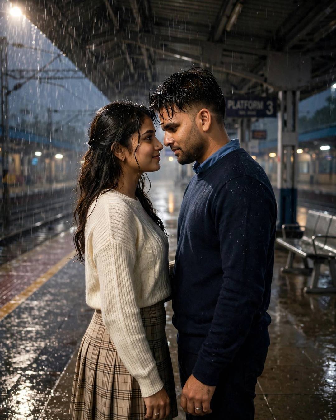 Couple standing face to face, foreheads almost touching, on a rain-soaked railway platform at night