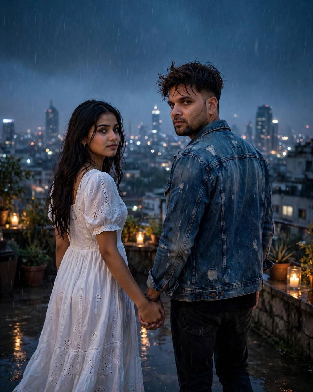 Couple walking hand in hand on a rooftop above city lights at night, candles glowing in the rain